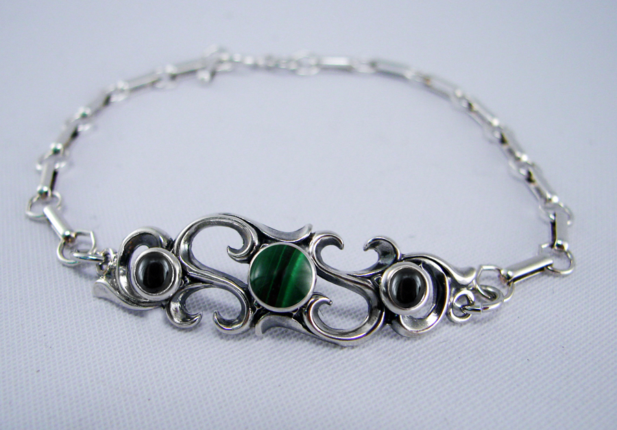 Sterling Silver Filigree Bracelet With Malachite And Hematite